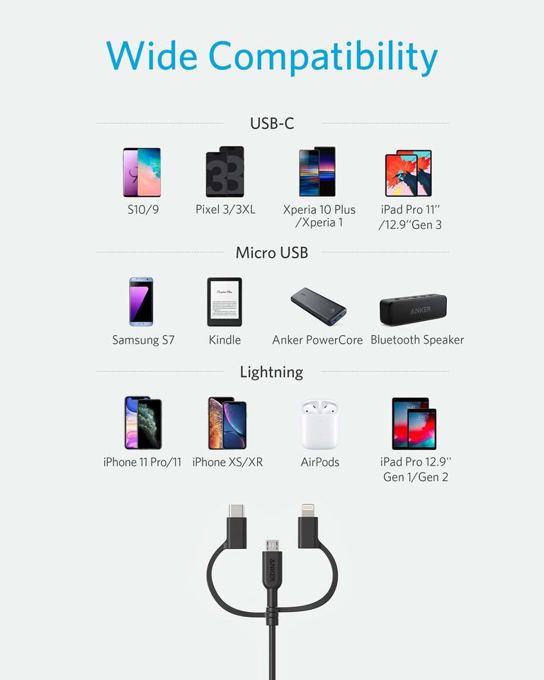 anker 321 usb-a til lightning-kabel 90 cm 3-i-1
