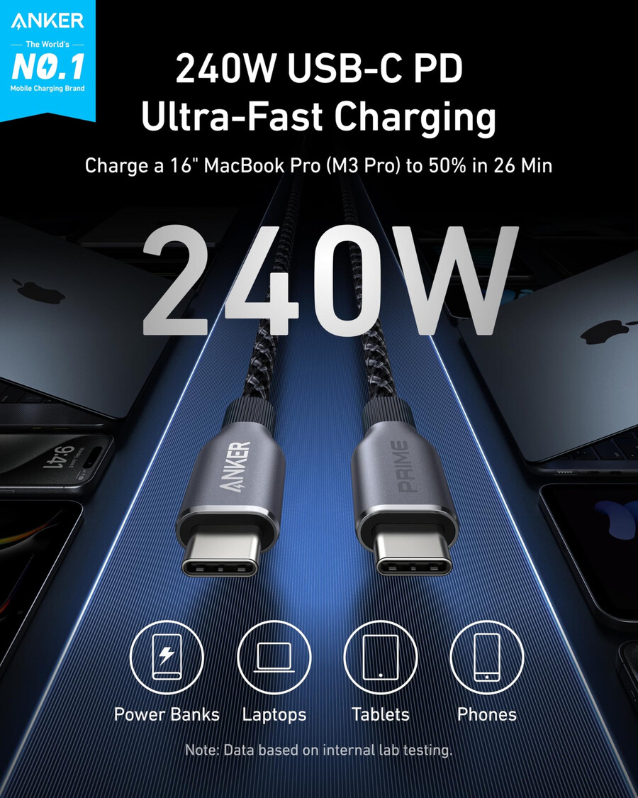 anker prime usb-c til usb-c-kabel 240w genbrugsflettet