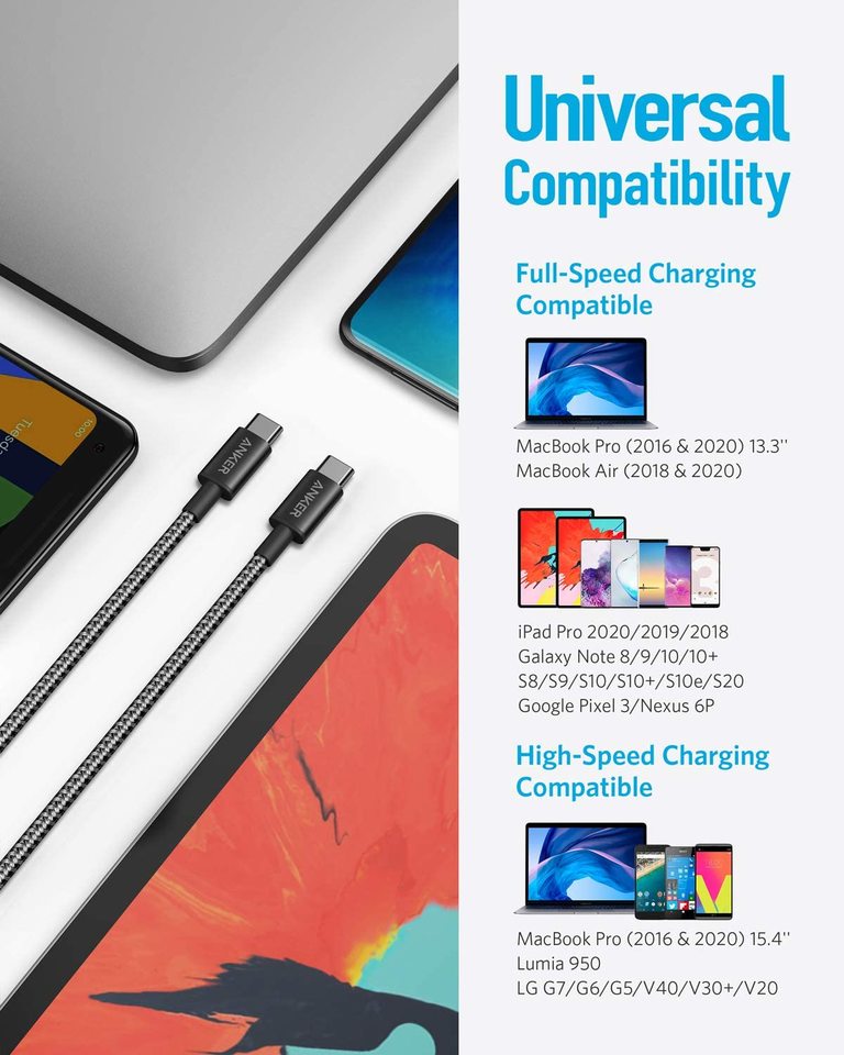 2-pak anker new nylon usb-c til usb-c-kabel 09 m 18 m 60 w