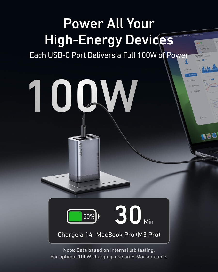 anker prime-oplader 100w 3 porte gan